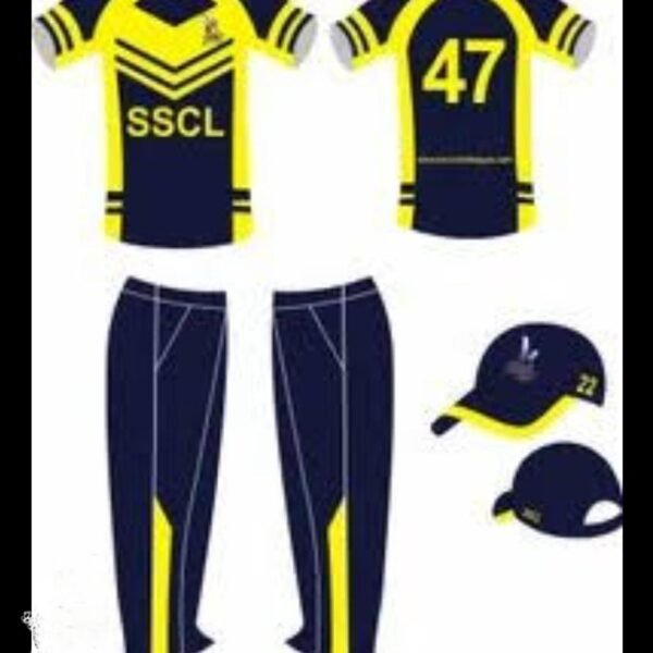 Custom Cricket Team Jersey Set with Cap – SSCL Edition (Navy Blue & Yellow)