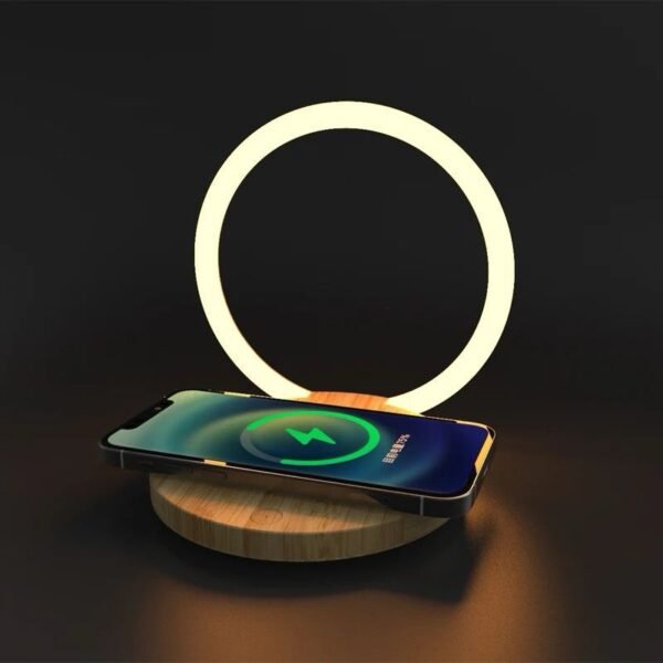 Bamboo Wireless Charger with LED Ring Light – Smart Fast Charging Pad (10W/15W Compatible)