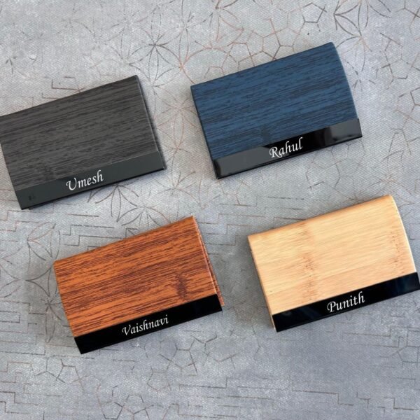 Personalized Wooden Finish Visiting Card Holder – Premium Metal & Wood Design (Custom Name Engraving)