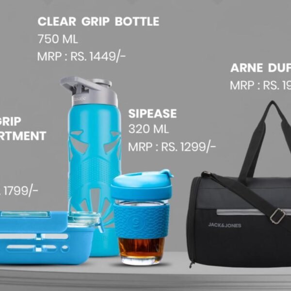 Arne Travel Combo – Premium Duffle Bag + Clear Grip Bottle (750ml) + Fresh Grip Tiffin (580ml) + Sipease Cup (320ml)