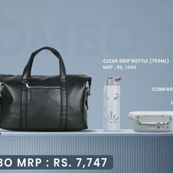 Walter Travel Combo – Premium Duffle Bag + Clear Grip Bottle (750ml) + Fresh Grip Tiffin (580ml)