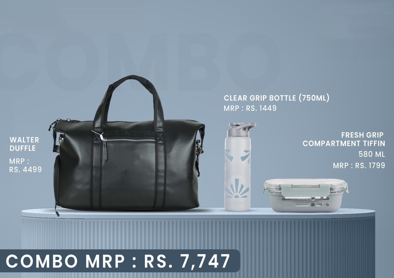 WhatsApp Image 2025-10-02 at 11.27.56 Walter Travel Combo – Premium Duffle Bag + Clear Grip Bottle (750ml) + Fresh Grip Tiffin (580ml) - Image 1